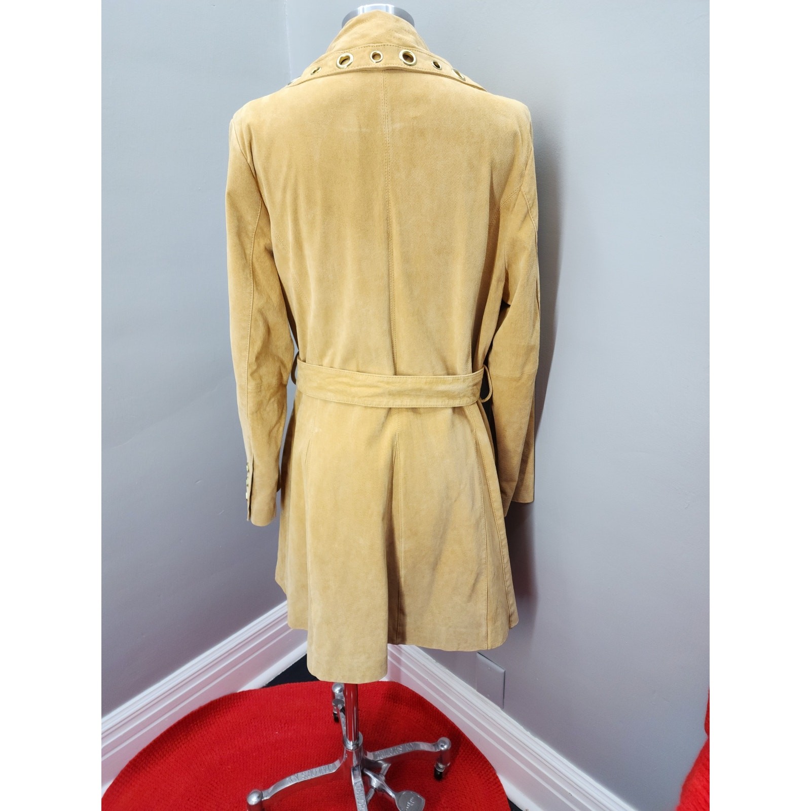 Y2K Vintage Bradley Bayou Butter Yellow Suede Trench Coat, Floral Lining – XL