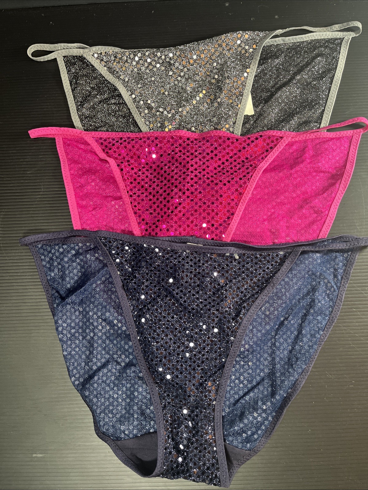 3 Pr Vtg String Bikini Panties Nylon & Metallic Sequins Hi Cut Sz 7 Ellemenno