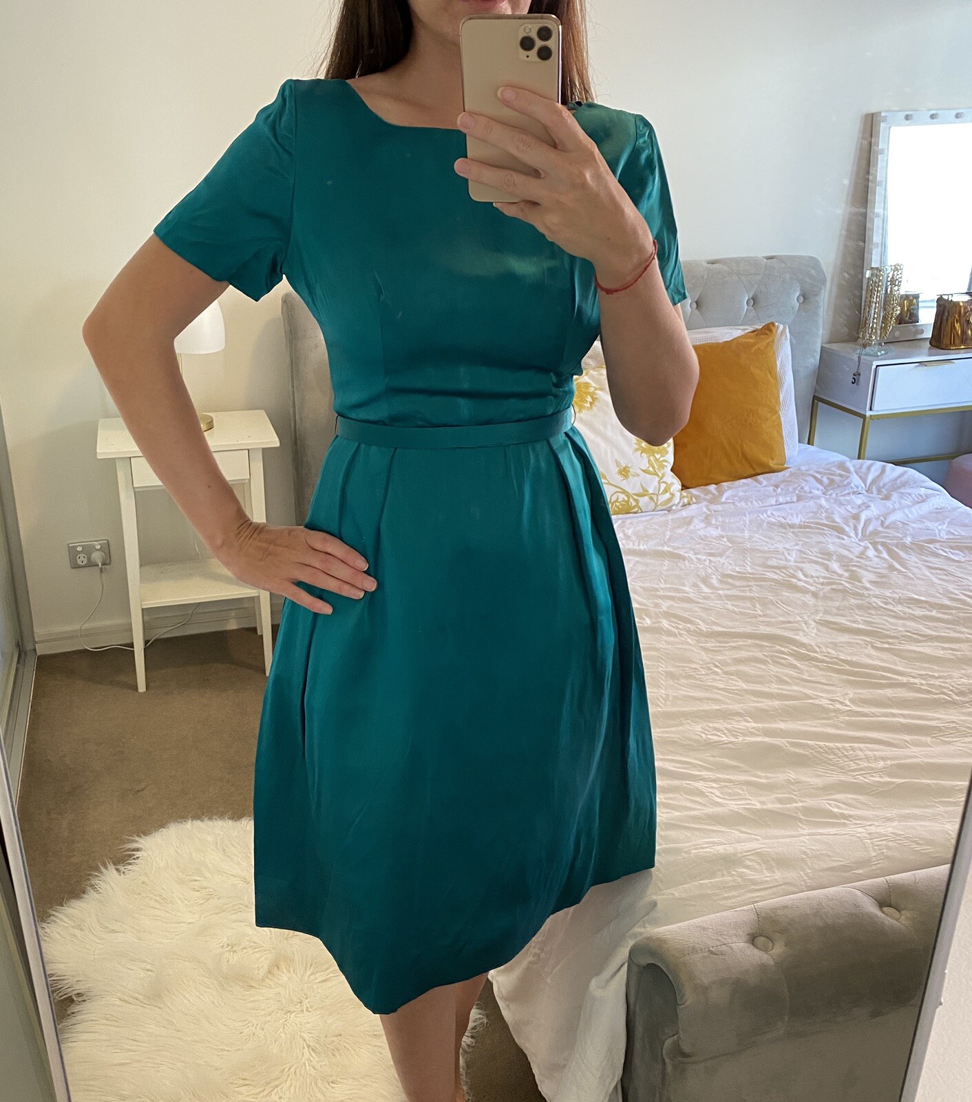50s 60s VTG Dress Teal AU Sz 8 Satin Short Sleeve Boat Neck Formal Prom A Line