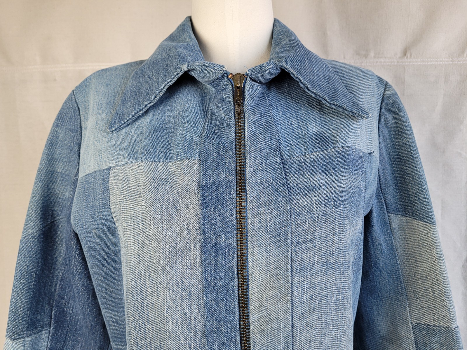 1970s Patchwork hand sewn wide collared denim zipper front jacket