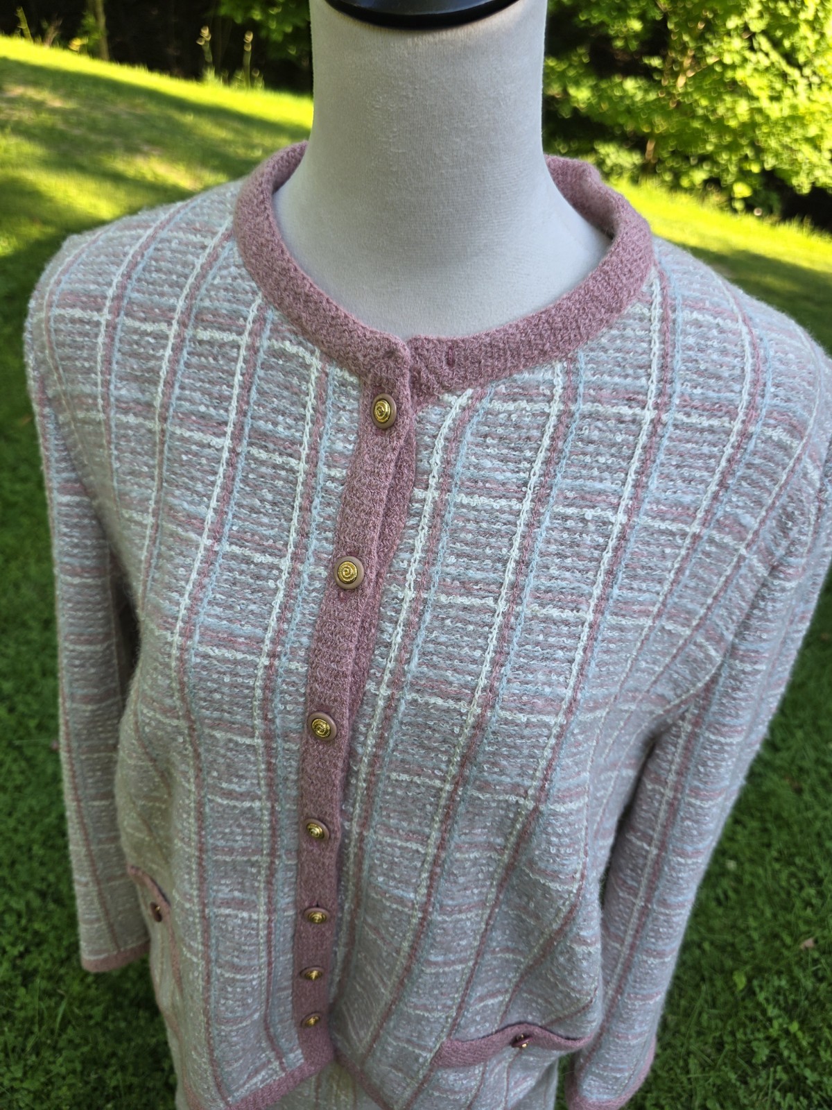 Vtg Castleberry Knits Skirt Suit Set Boucle Tweed Pink Cream Plaid Plus Mohair