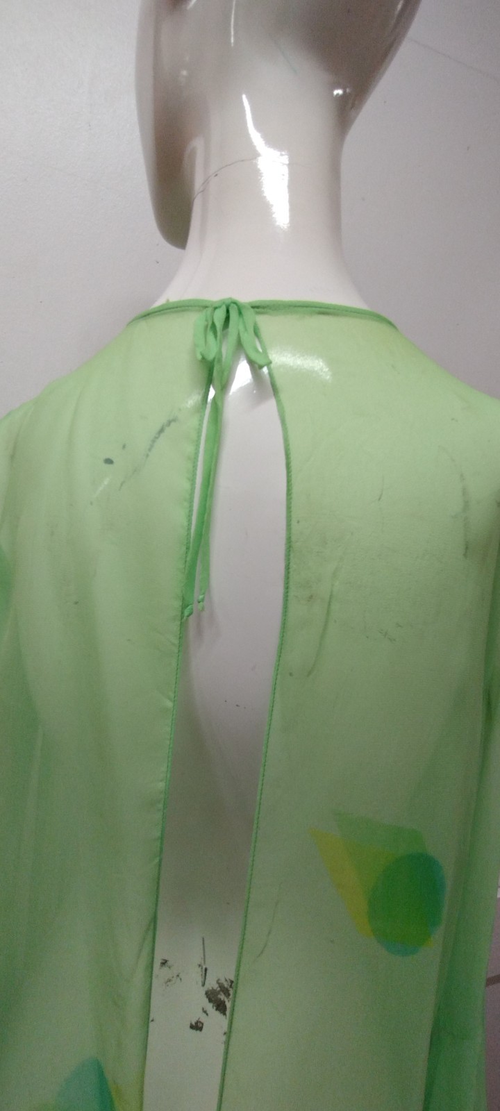 Vintage Psychedelic Jade Green Silk Chiffon Wide Bell Sleeves Maxi Gown Sheer L