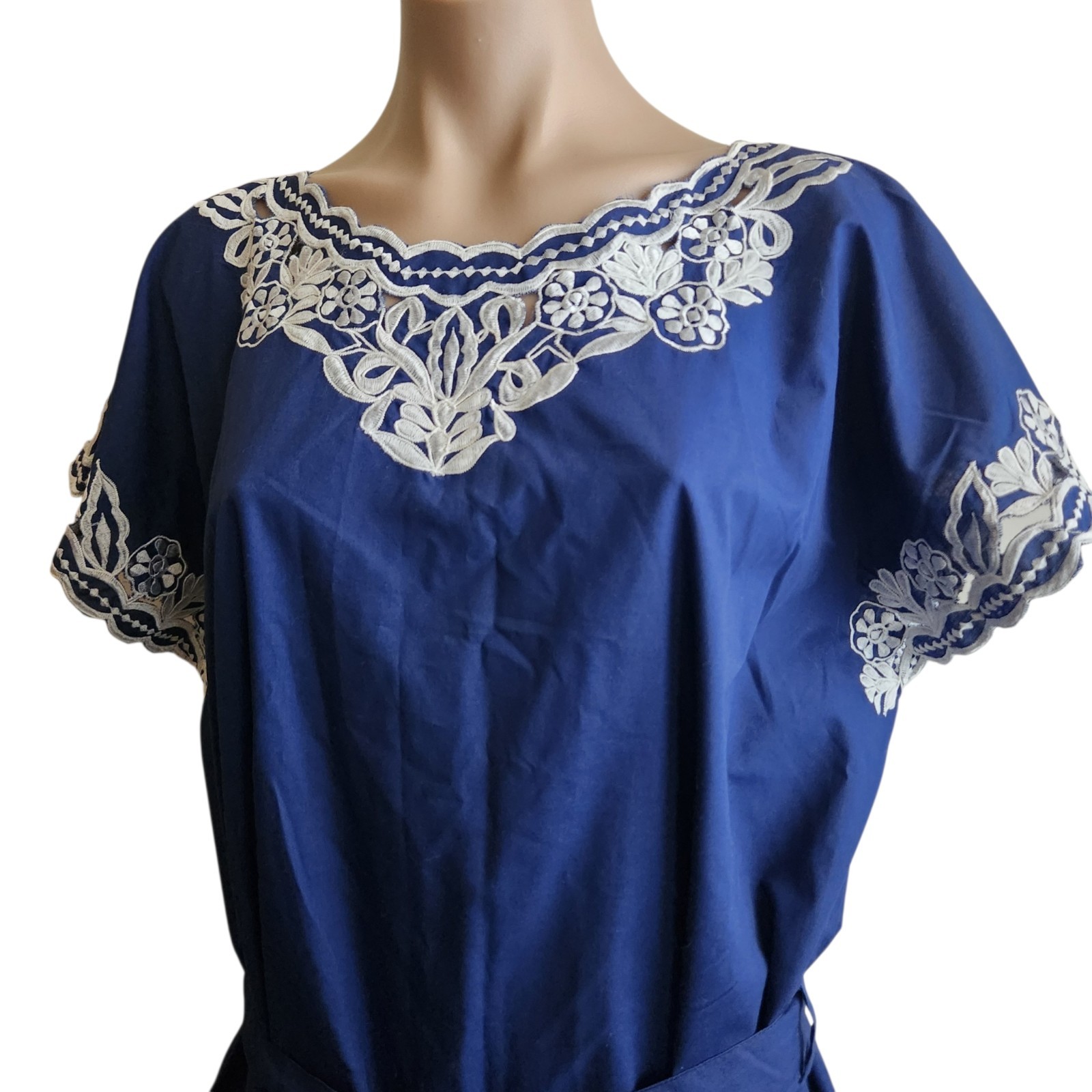 VTG 60s Caro Of Honolulu Hawaiian Aloha Dress Embroidered Blue MCM Boho Hippie