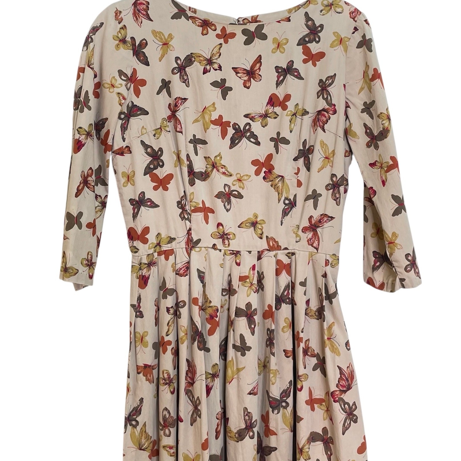 Vintage 50s 60s Valerie Original Tan All Over Butterfly Print Fit & Flare Dress
