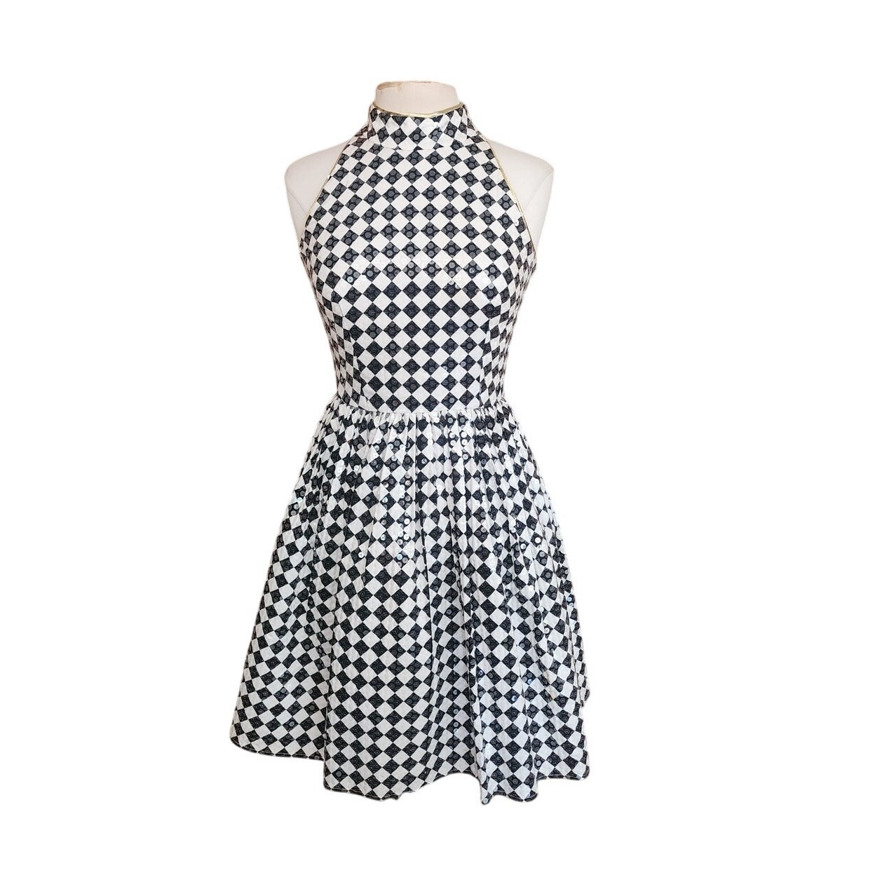 VTG 80s Morton Myles Dress Mod Black White Checkerboard Sequins Sleeveless S