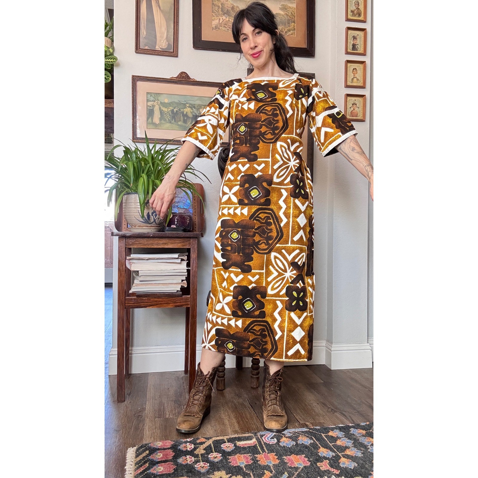 Vintage Evelyn Margolis Hawaii Tiki Barkcloth Maxi Dress Geometric floral