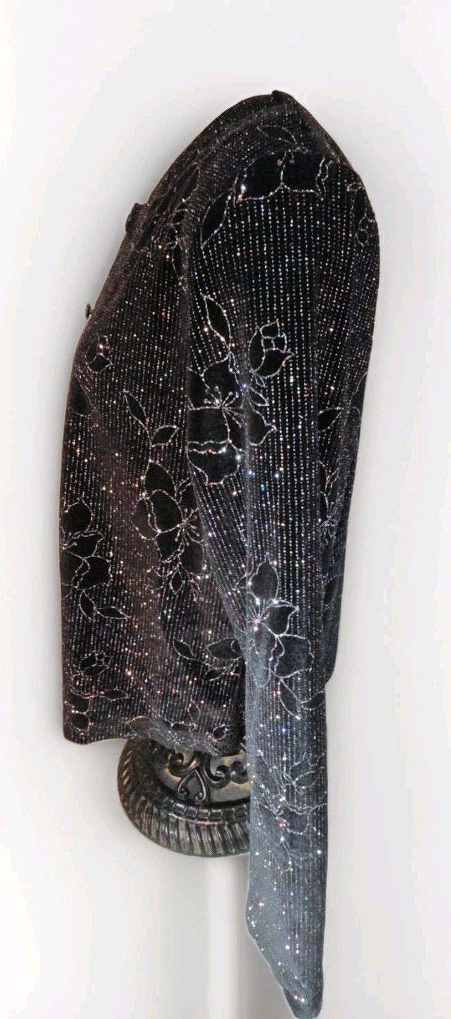 VTG Moonlighting Womens Black Velvet Tank Top With Glitter Flower Jacket Sz M