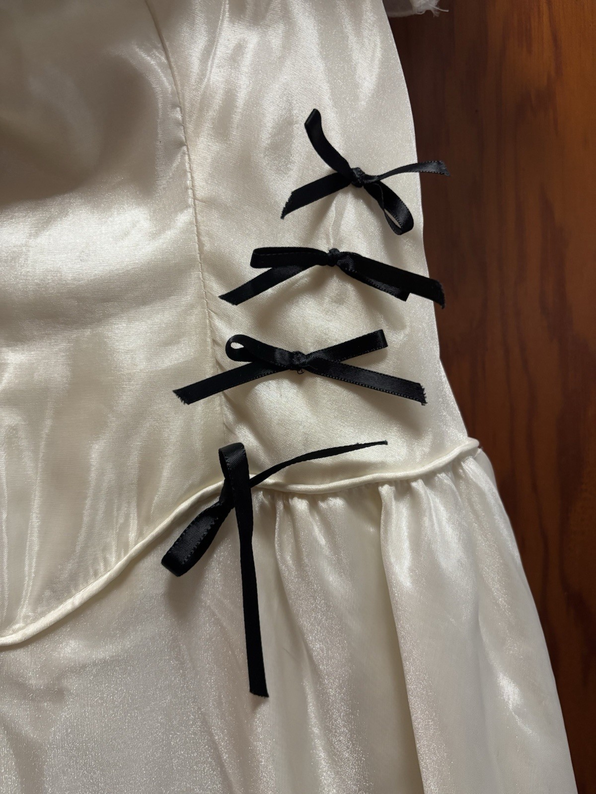 Vintage Size 8 Wedding Gown With Ruffled Sleeves, Tiered Skirt, Black Ribbons