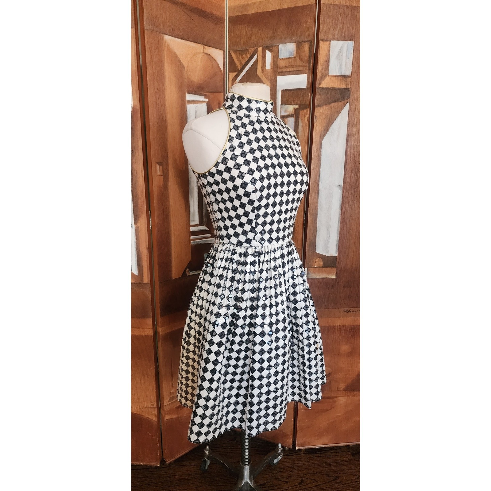 VTG 80s Morton Myles Dress Mod Black White Checkerboard Sequins Sleeveless S