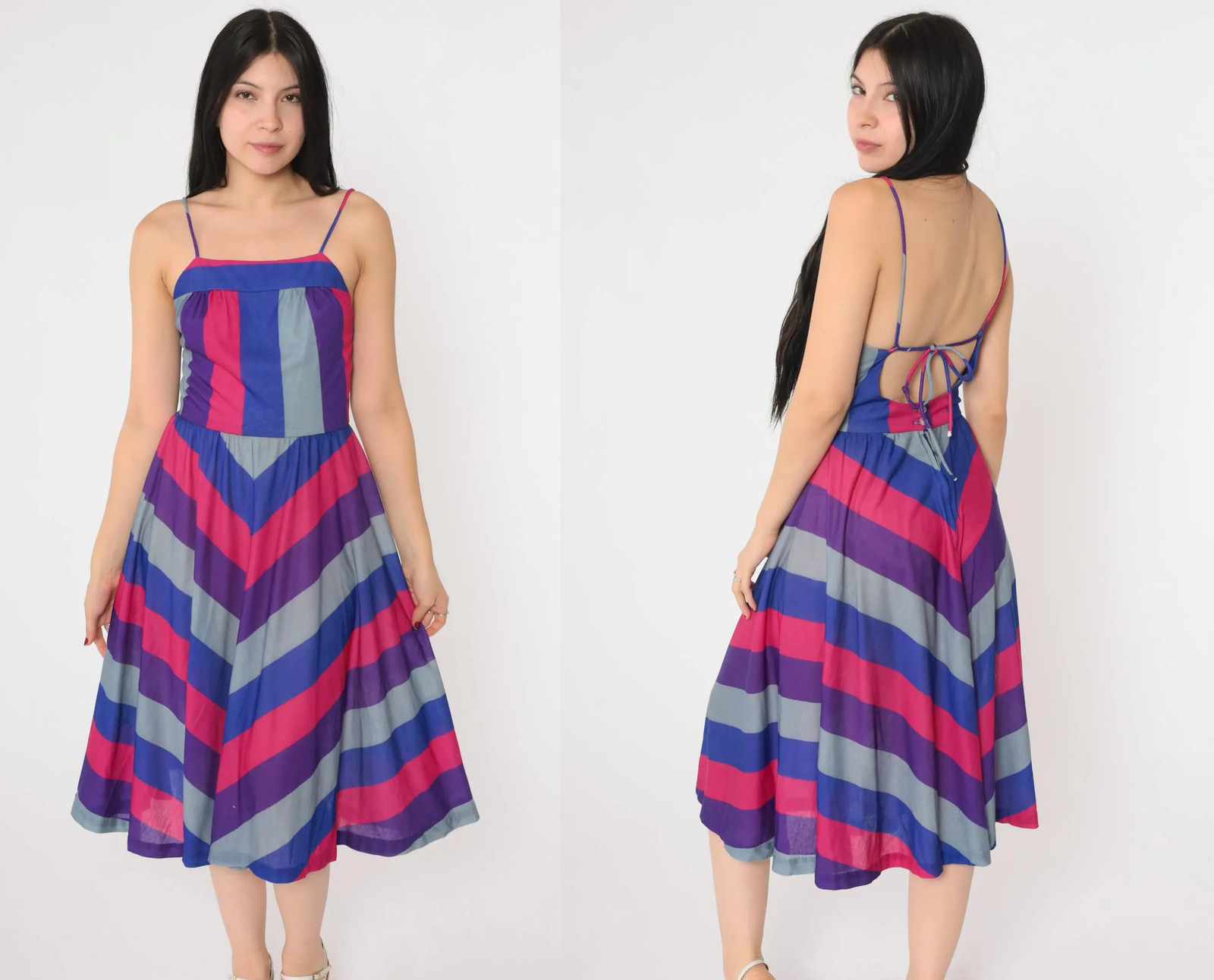 80s Sundress Chevron Striped Midi Dress Blue Pink Purple Boho Hippie 1980s Bohem