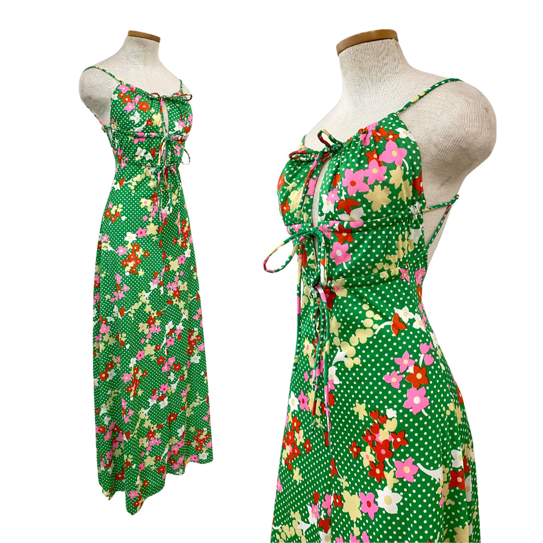 Vtg 70s Jack Hartley Miami Ultra Strappy Slinky Novelty Print Dayglo Maxi Dress