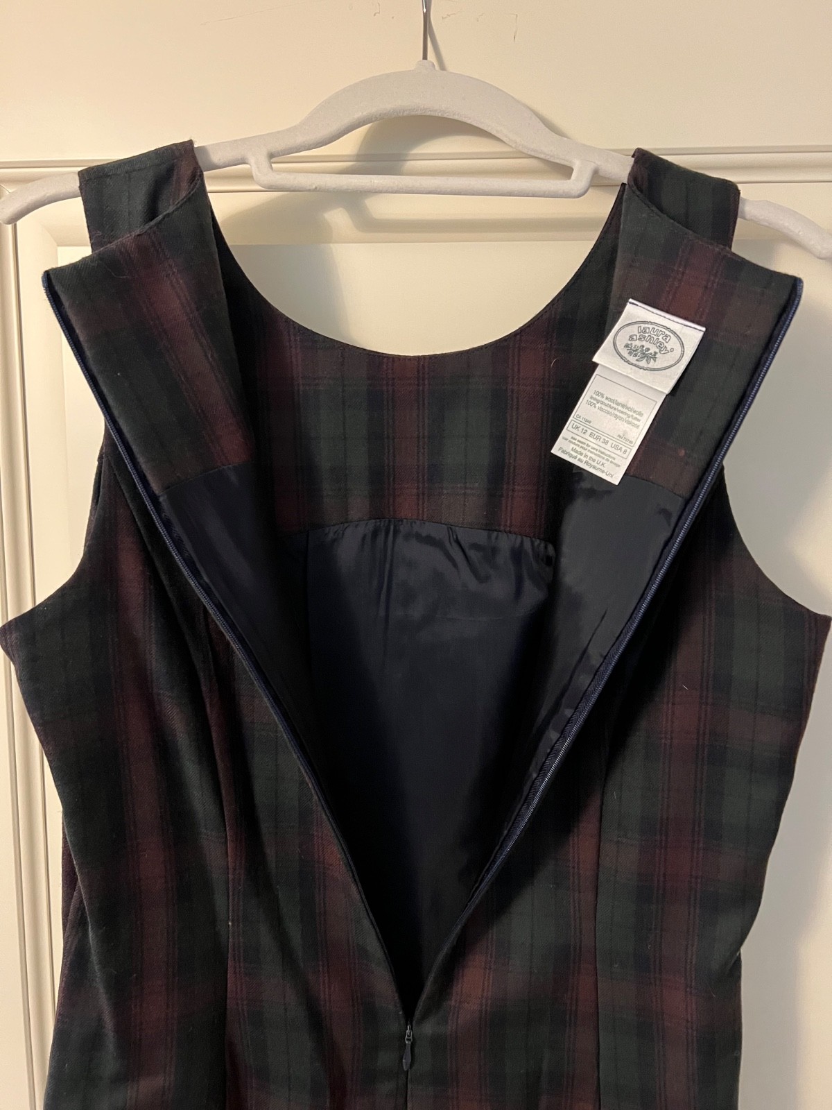 Vintage Laura Ashley Plaid Wool Dress, Fitted, NWOT, Maroon, Green, Black, US8