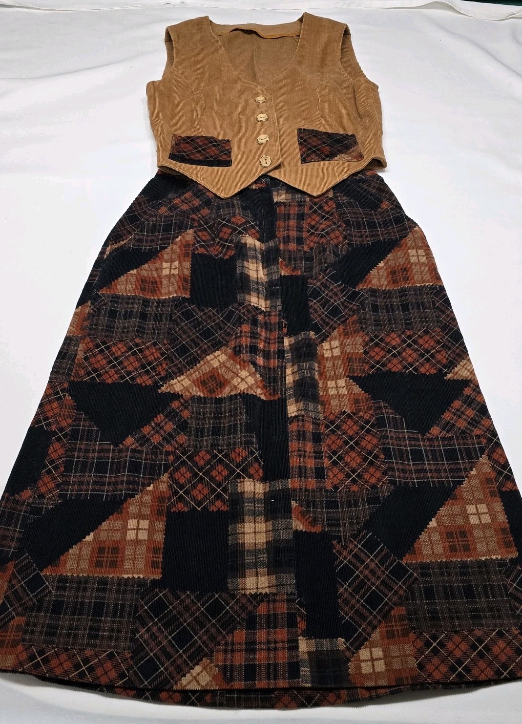 Vintage 60’s Courderoy Patchwork Vest & Midi Skirt Outfit Brown & Orange Boho