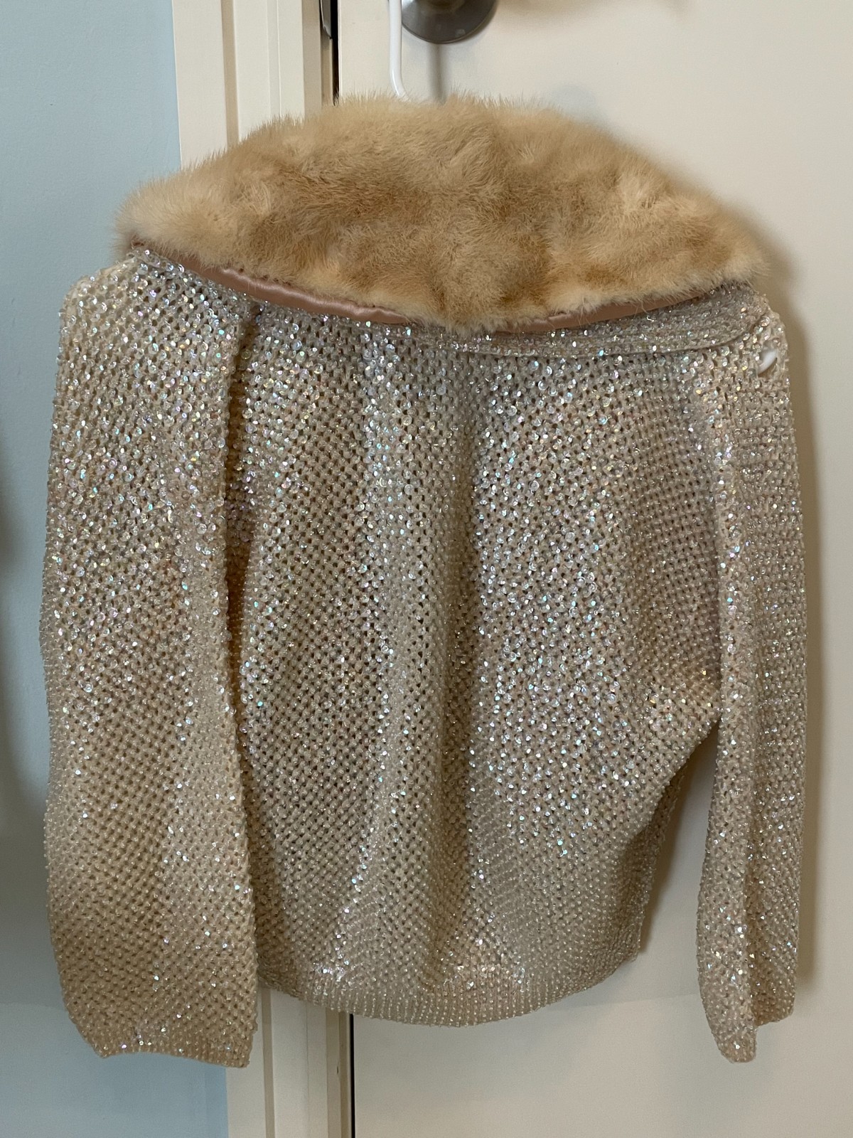 Vintage 1950s Hand Knitted Wool and Beaded Sequins Fur Collar Sweater/Jacket