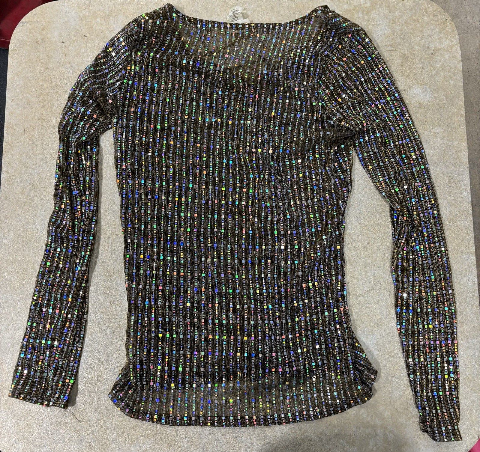 Vintage 1970s Minette Sequin Reflective See Through Long Sleeve Top