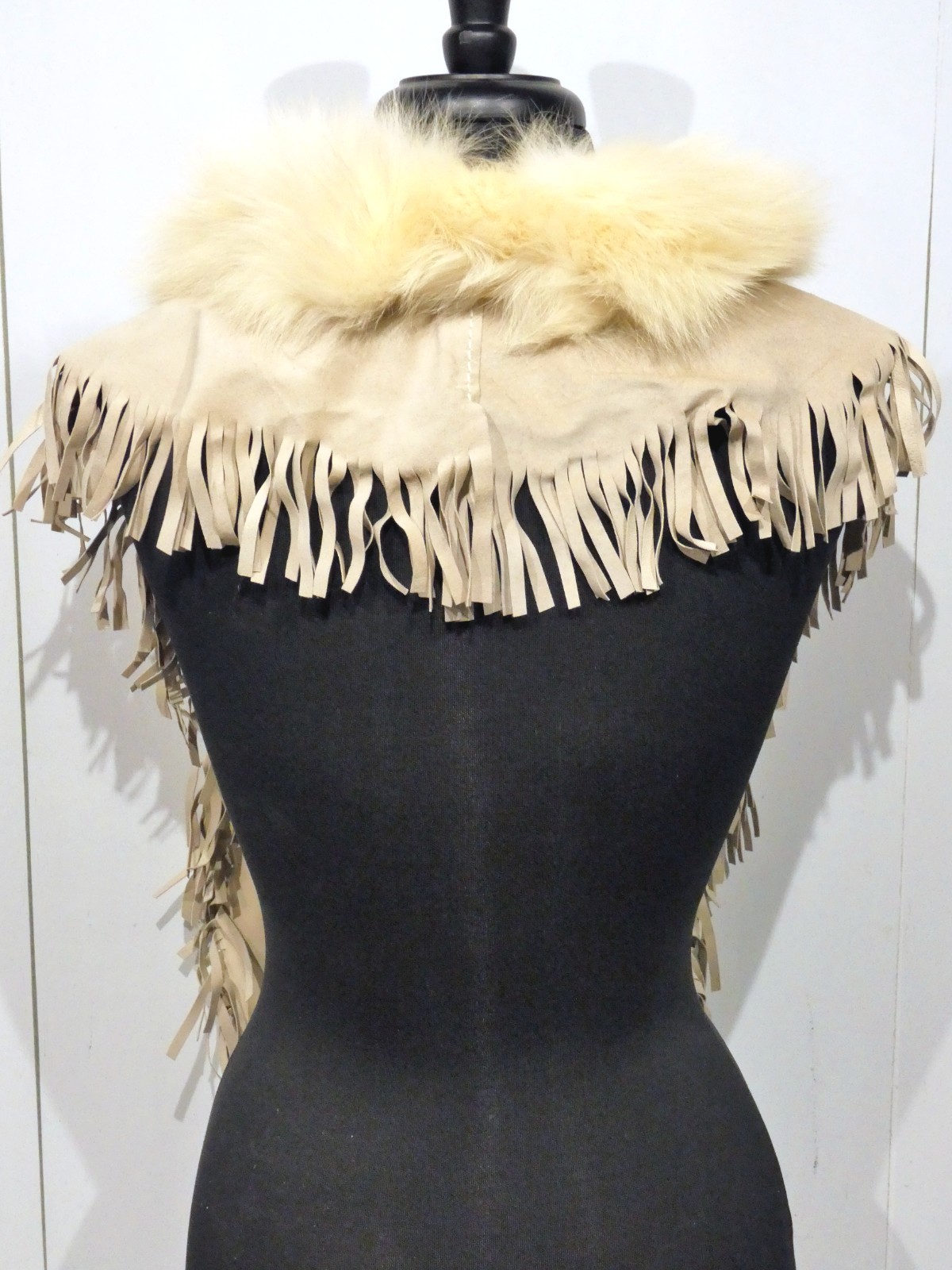 Luc Desrosiers Tan Leather White Fur Frilled Shawl Cape Signed Authentic