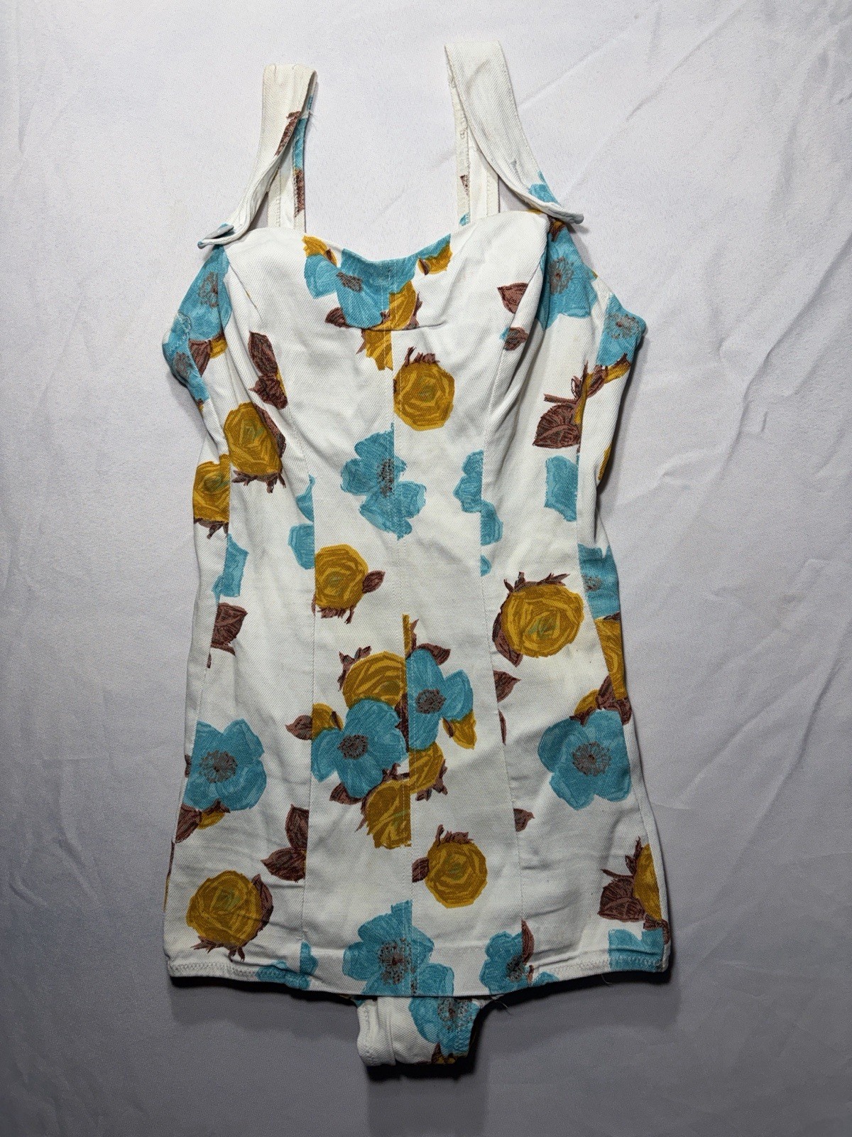 Vintage 1950s White Floral One Piece Swimsuit With Turquoise And Mustard Flowers