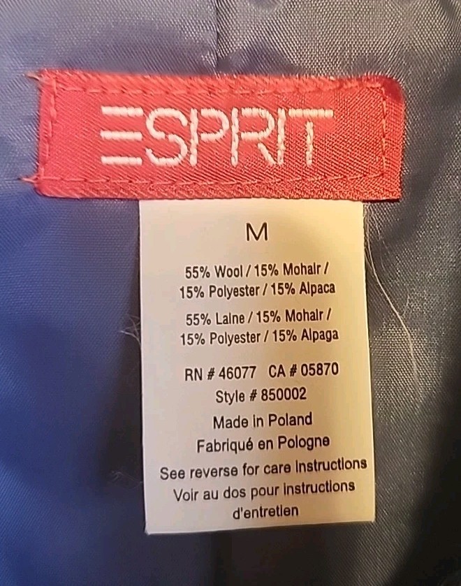 Esprit Womens Jacket Lined Blue M 55% Wool, 15% Mohair, 15% Alpaca, Poly Pockets