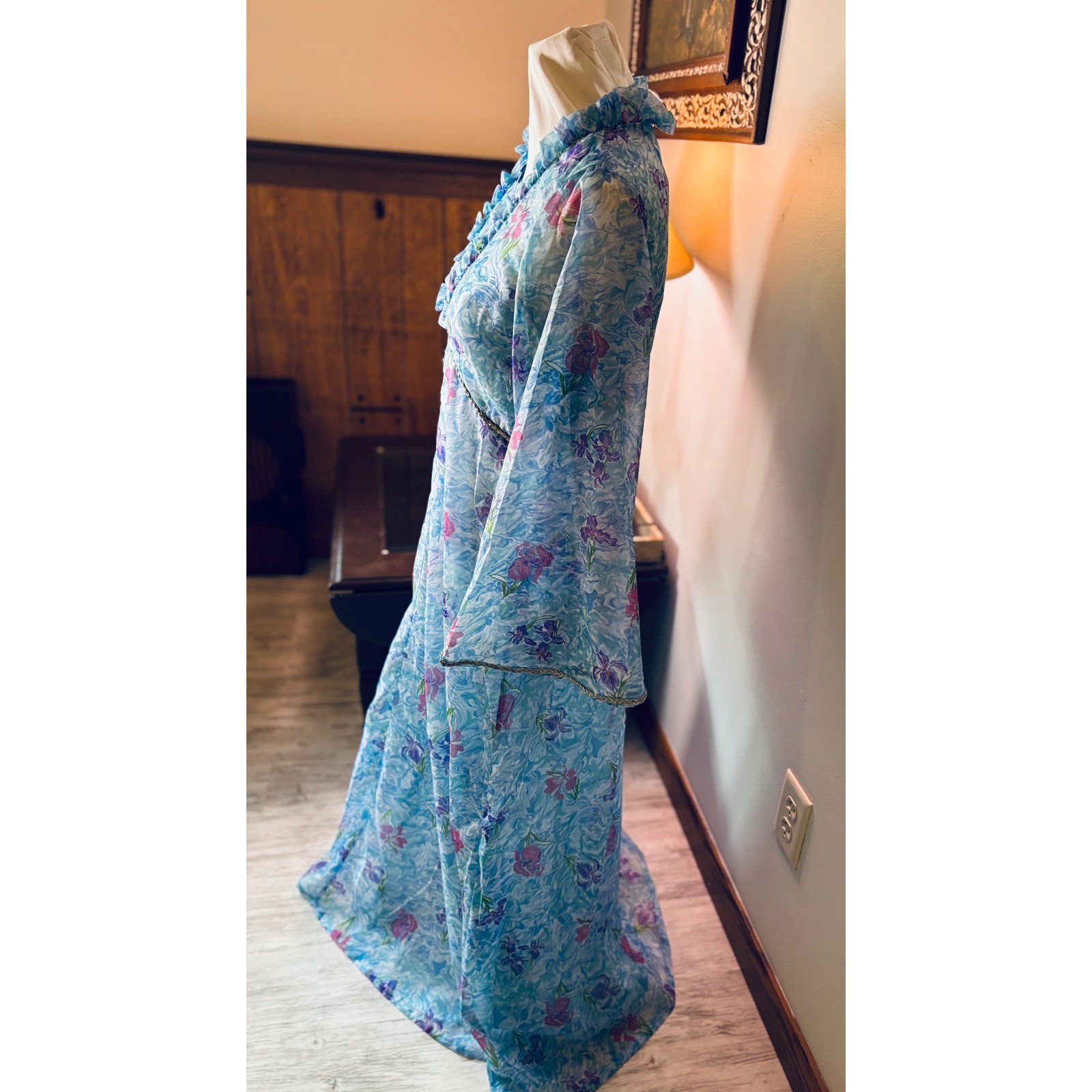Vintage 60s Mad Men flower Dress Set, Sheer Layered Gown Bell Sleeve S/M