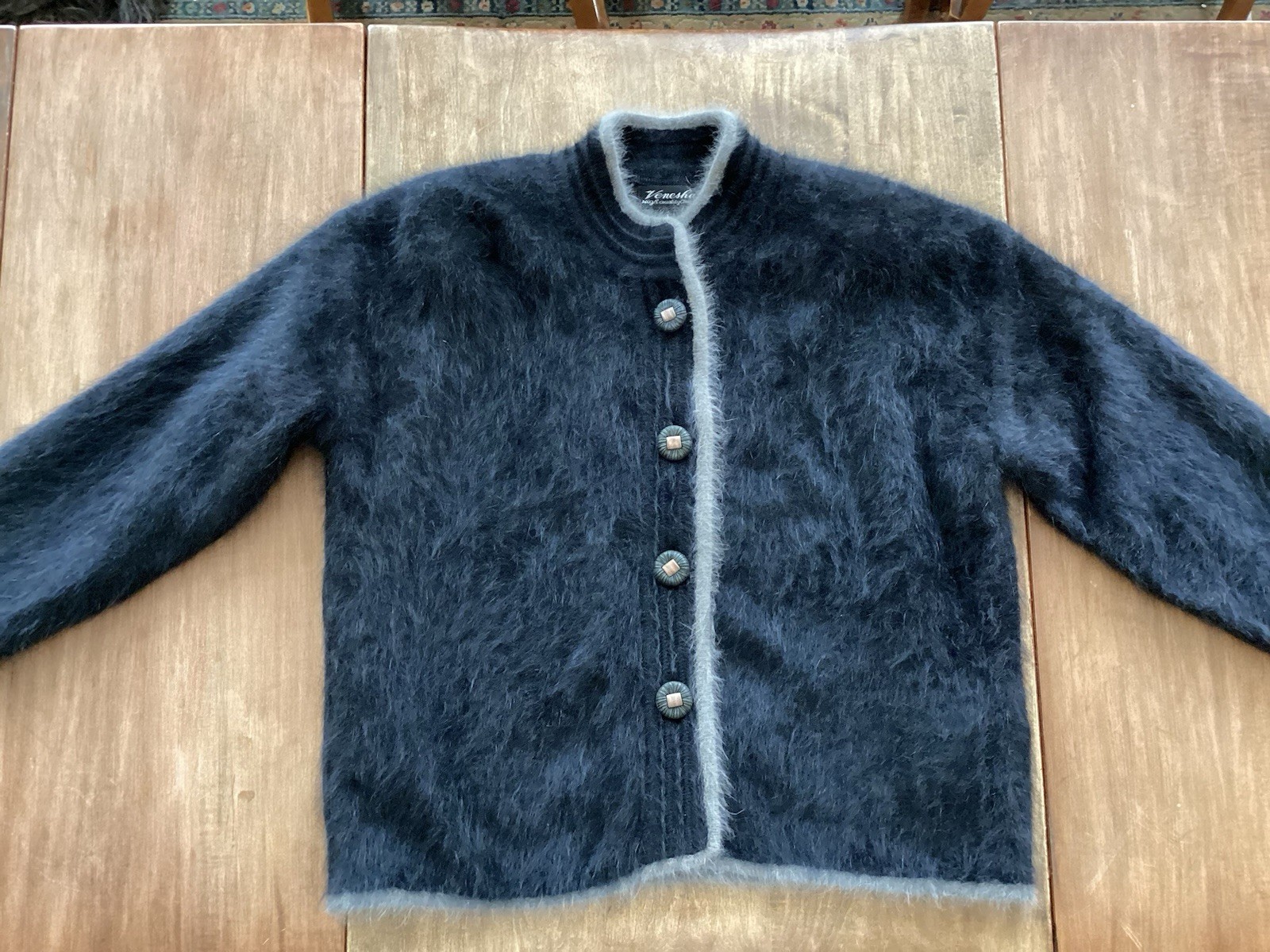 Vintage Venesha Jacket Angora Rabbit Hair Black Gray Button Up Cardigan Size L