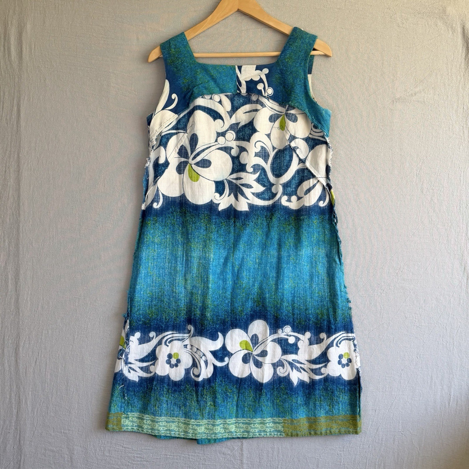 Malihini Vintage Barkcloth Dress Small Blue Sleeveless Hawaiian Floral Buttons