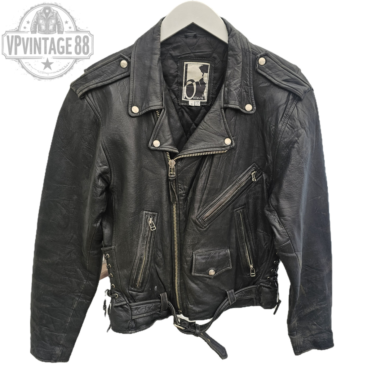 Vintage Leather Black Biker Jacket Motorcycle Festival Retro Distressed Style