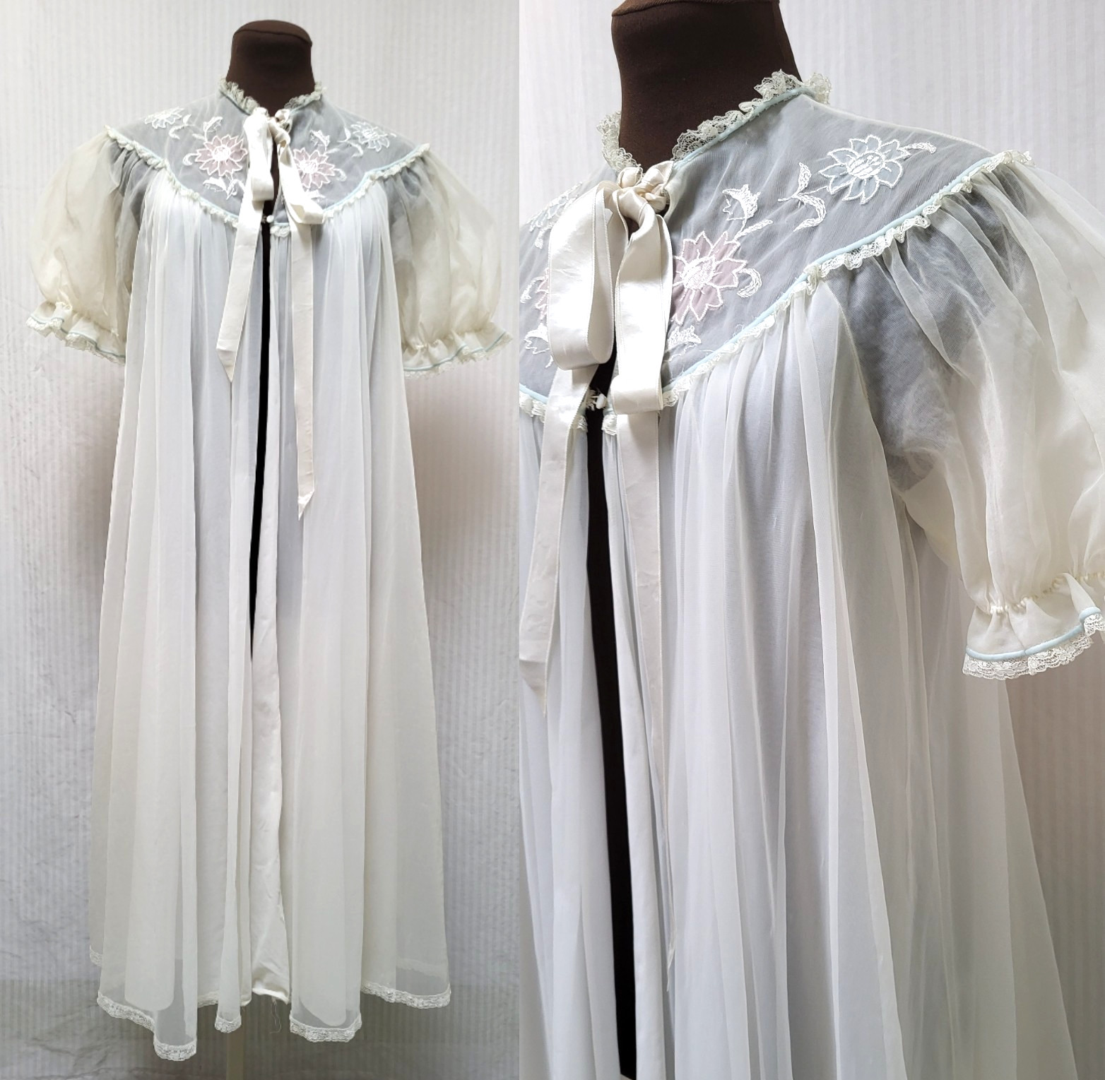 Vintage GOTHAM Gold Stripe IVORY Chiffon Embroidered Floral ROBE – Size S