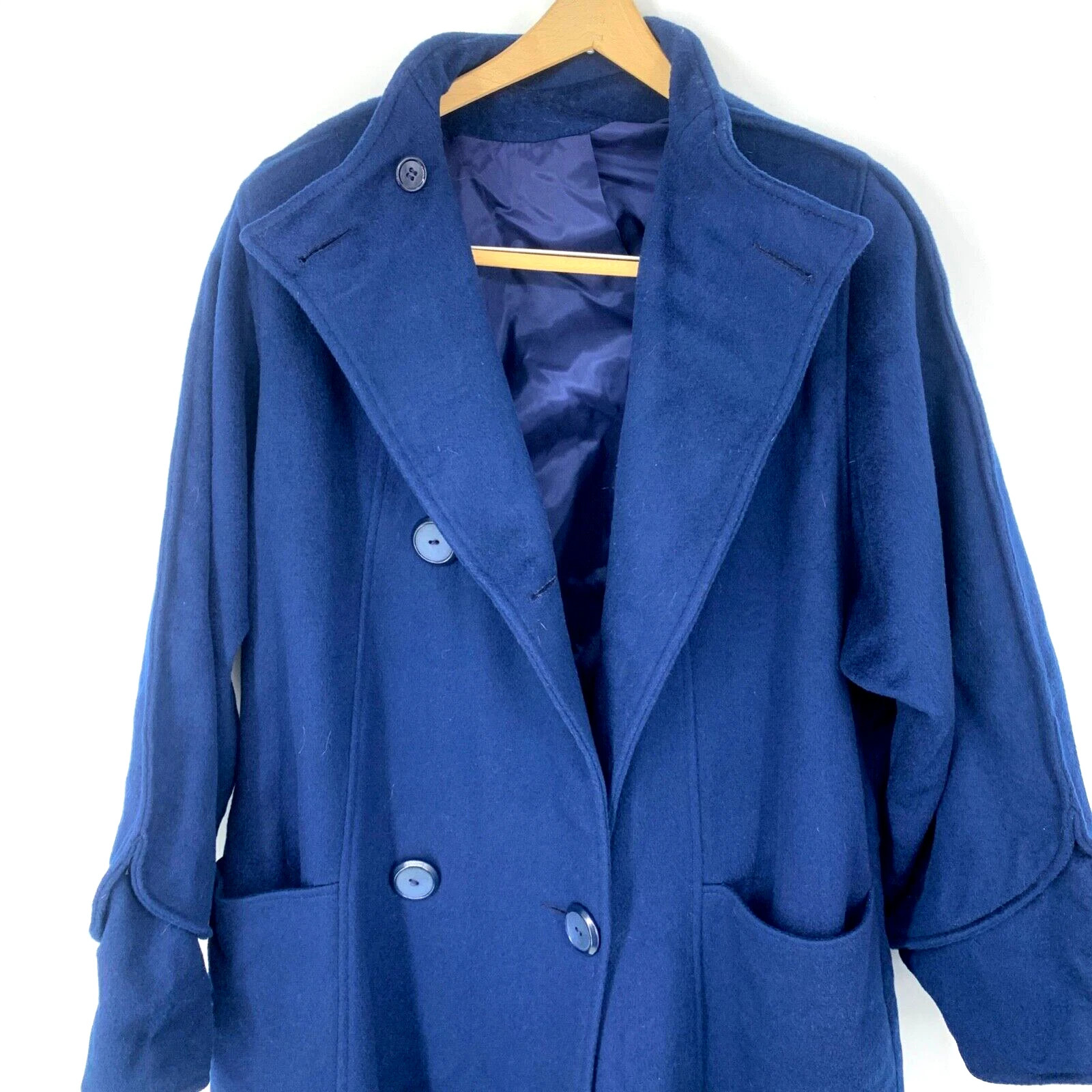 Vintage Ladies Wool Long Trench Coat Portrait by Stevens Union Made in USA Blue
