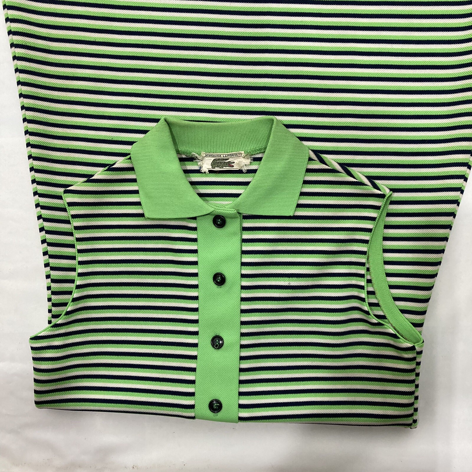 Vtg 70s Chemise Lacoste Shift Dress Med Lime Green/Black Stripe Mod Go-Go Preppy