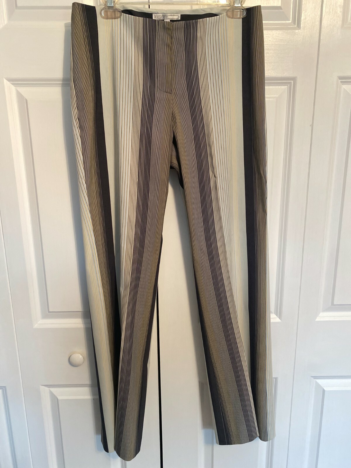 Parameter pants trousers Sz 10 slim striped light blue dark gray creamy yellow