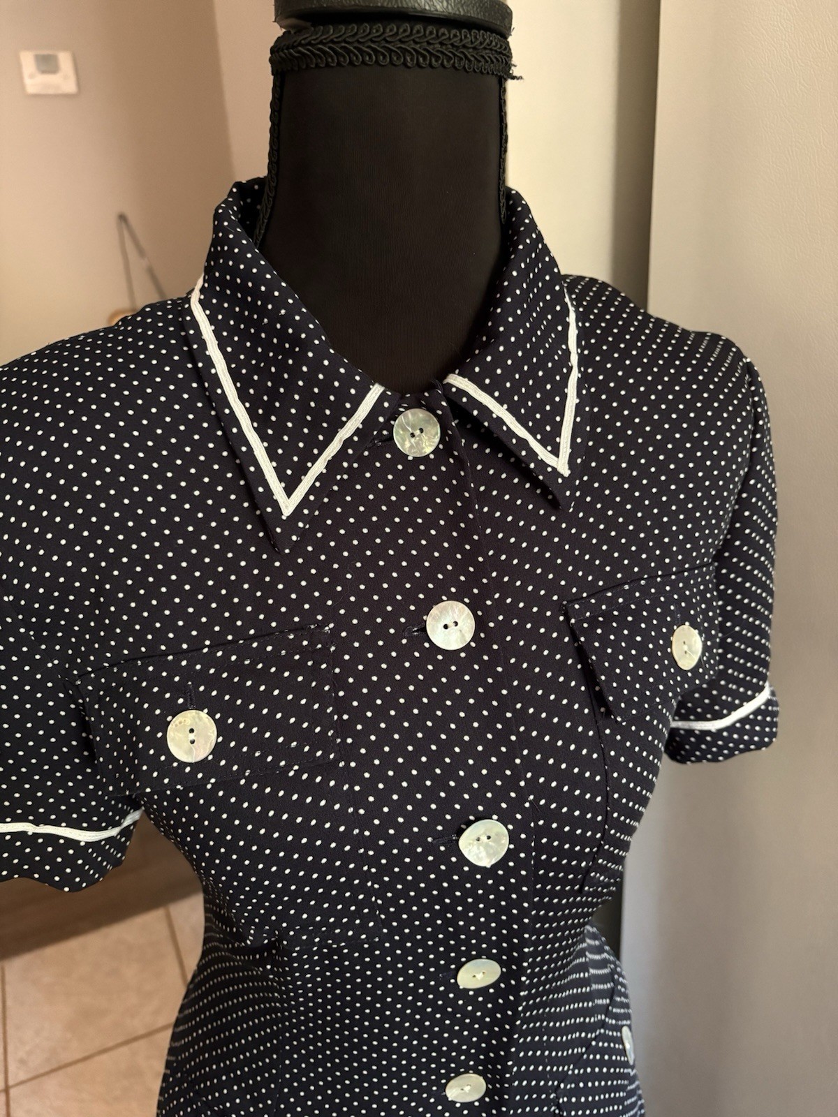 Vintage Navy Polka Dot Front Button Dress W Mother of Pearl Buttons