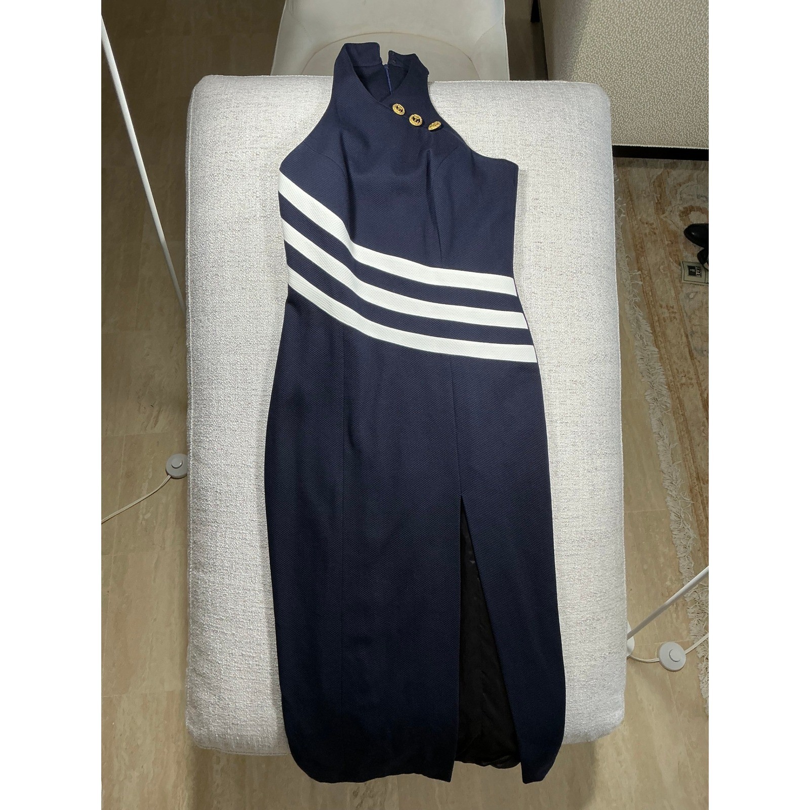 Linda Segal Vintage Navy Blue Nautical Stripe Anchor Button Halter Dress Size 6