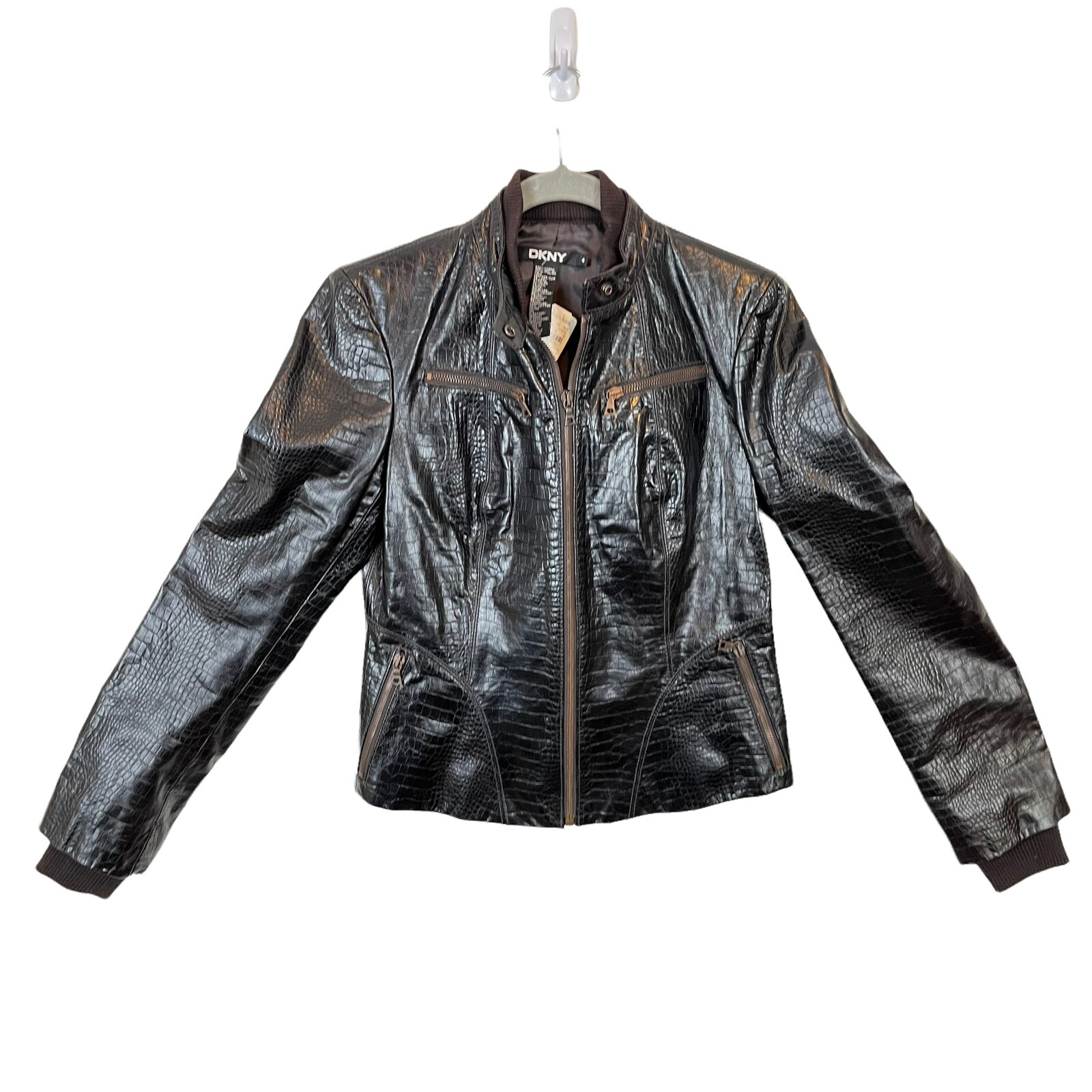 DKNY Biker Leather Jacket Women SZ 4 Neiman Marcus Vintage Brown New MSRP 495