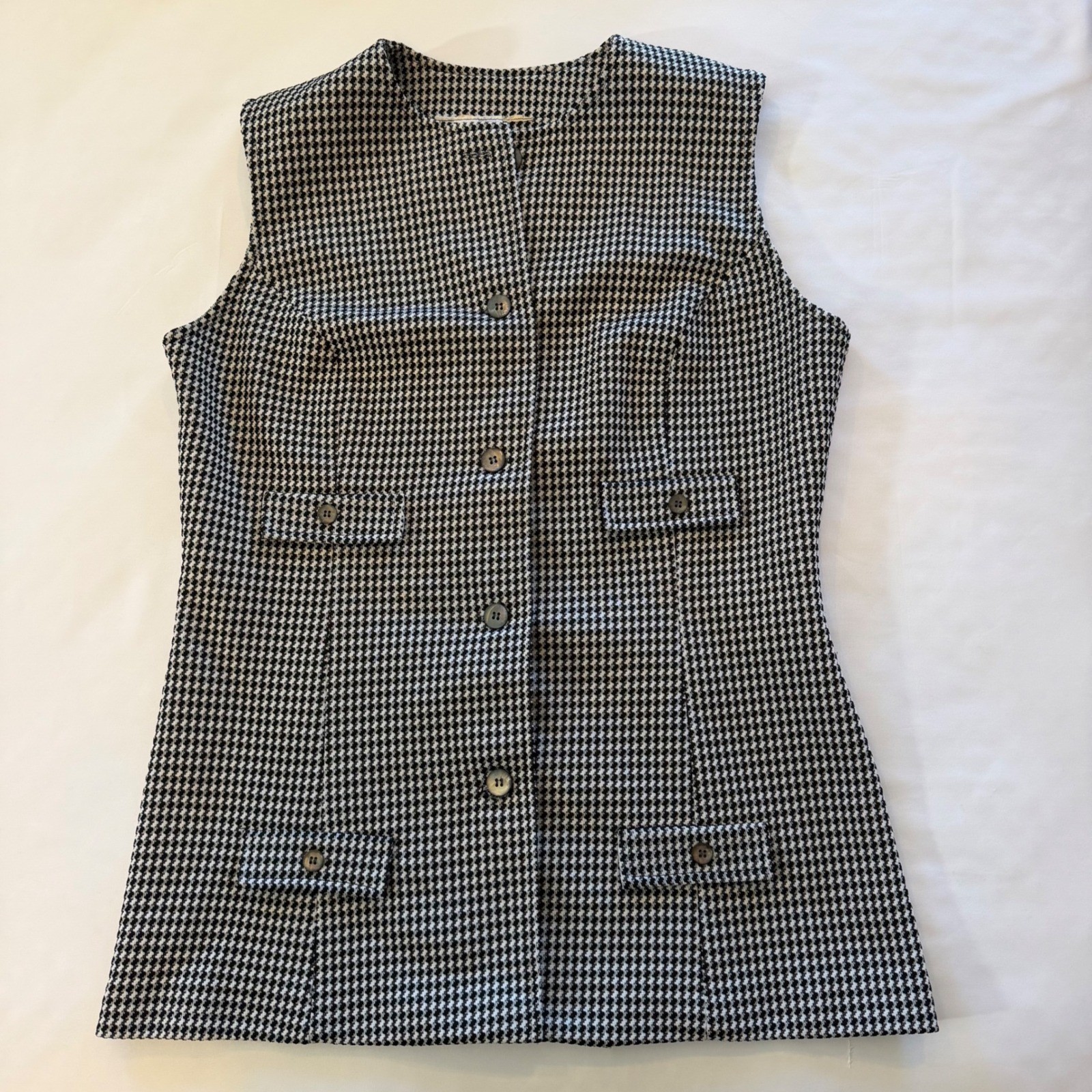 Vintage Bradley Houndstooth Vest Black White Mod Longline Button Front 15/16