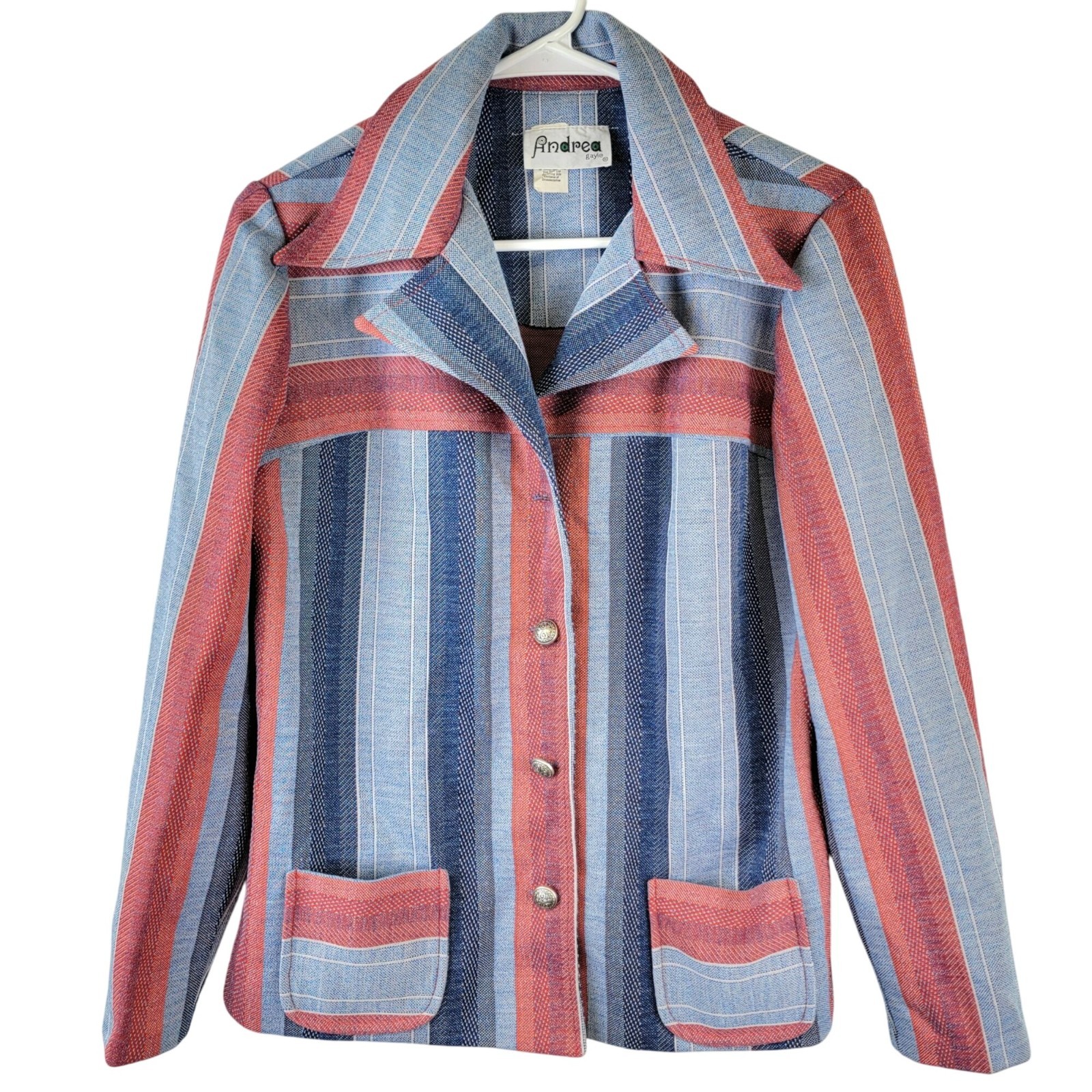 Vintage 70s Stripe Shirt Jacket Women Medium Pink Blue Collar Button Lightweight