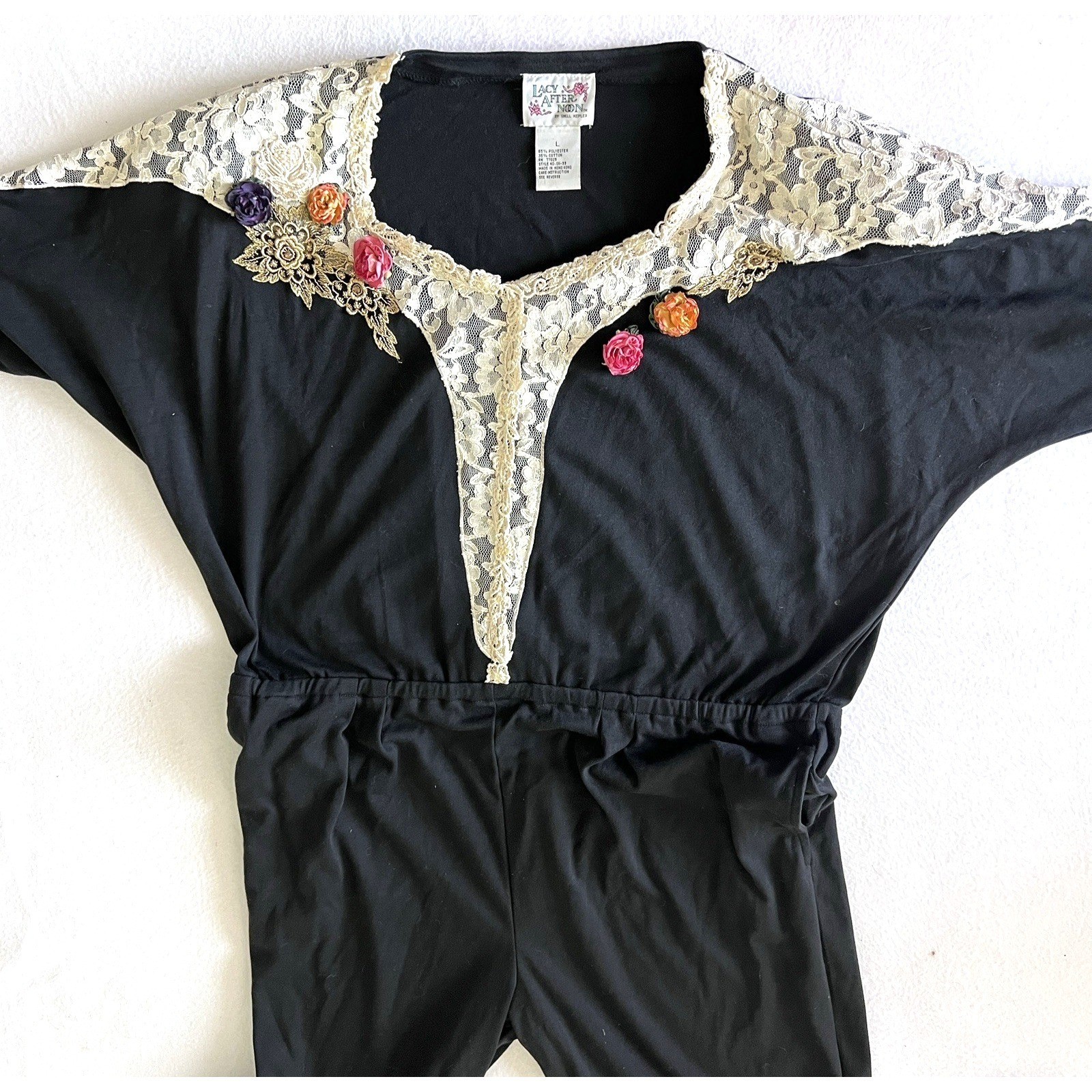 Lacy Afternoon Shell Kepler Jumpsuit Womens L Black Lace Floral Corsage Boho
