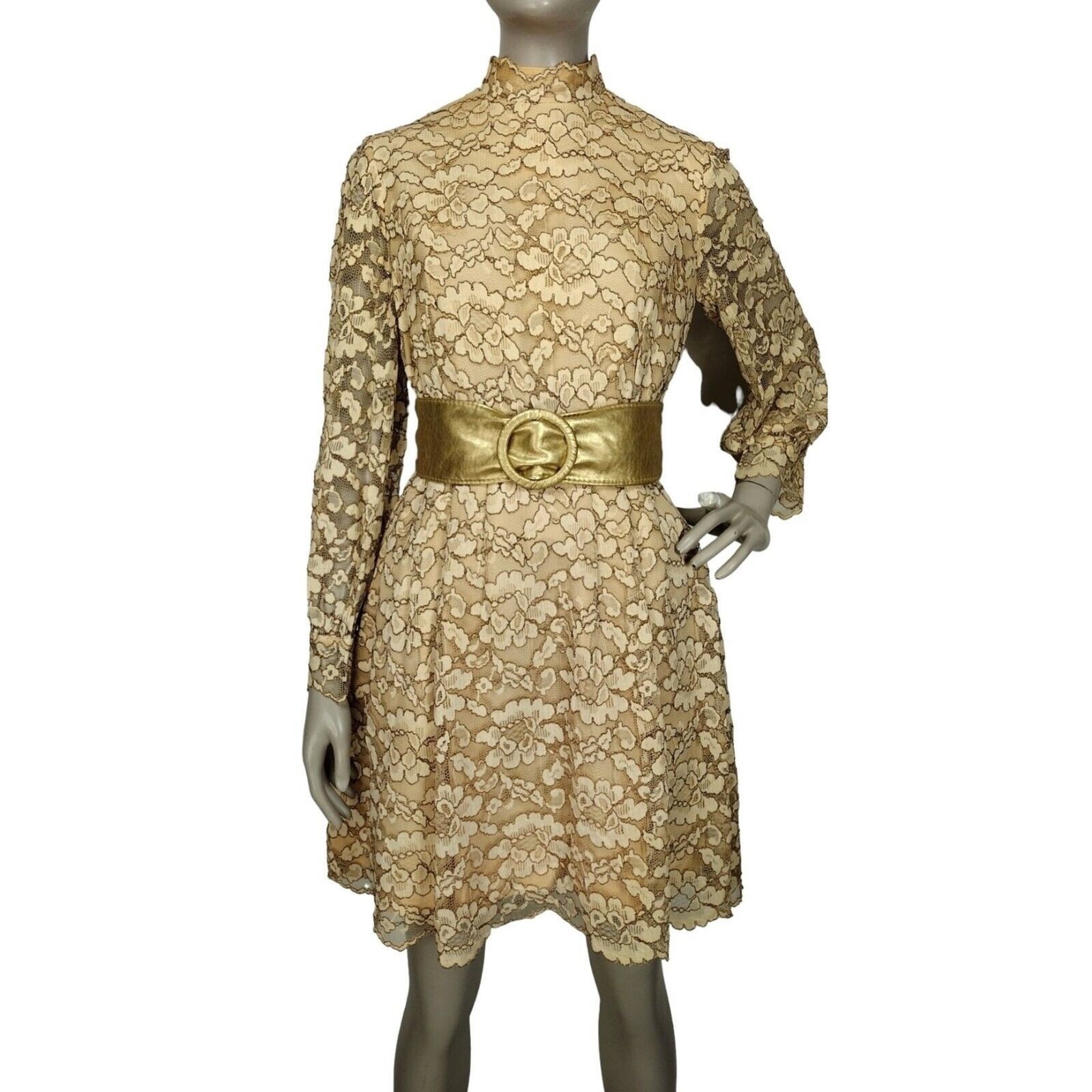 Vintage 60s Beige Gold Floral Lace Scalloped Edge Balloon Sleeve Mini Dress