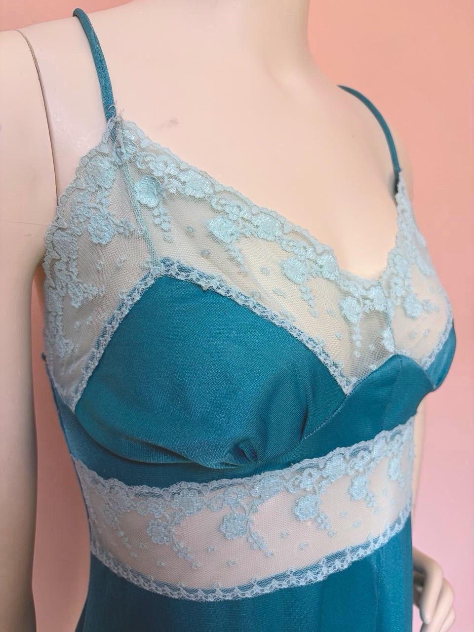 Vintage 70s/80s Teal Lace Lingerie Fairy coquette romantic Slip Dress Nylon L
