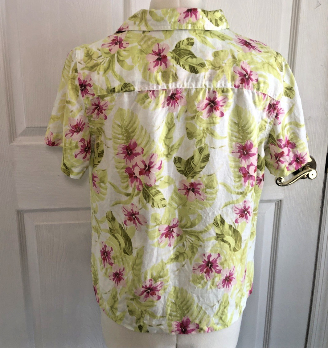 Vtg Rum Runner silk linen Hawaiian shirt womens LG 90s camp shirt resort wear