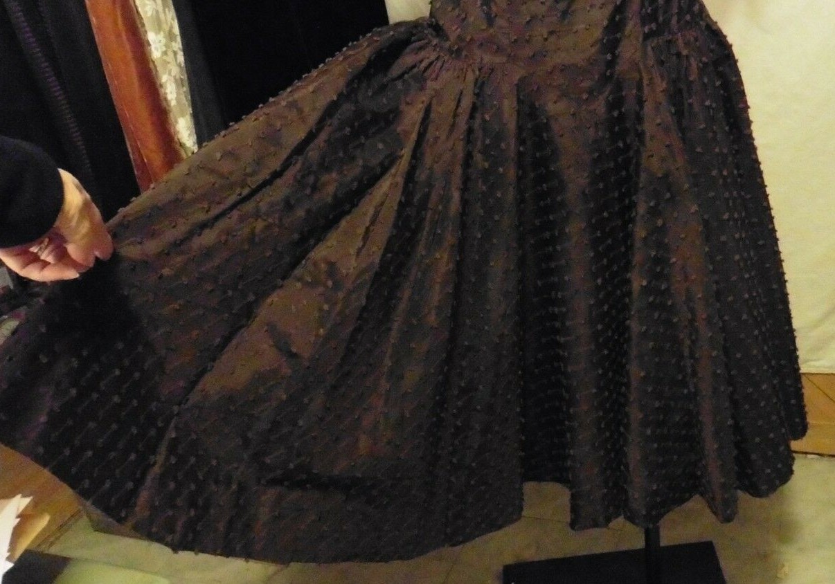 40s Dark Chocolate Brown Drop Waist Tufted Nubby Taffeta Party Dress sz S
