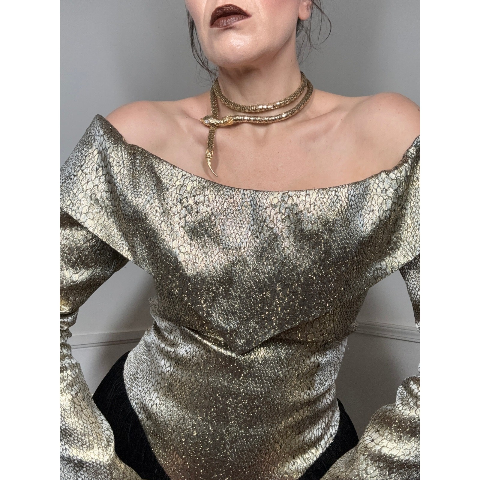Large 1980s Vintage Snake Print Brocade and Velvet Formal Gown