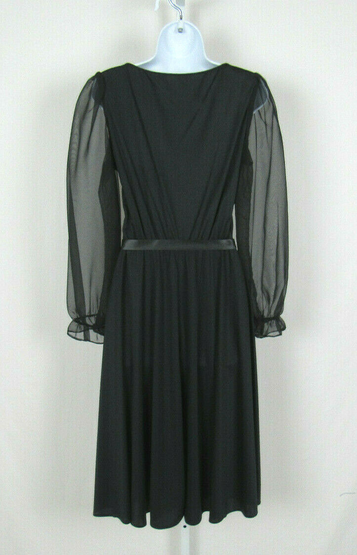 VTG 1960s GEORGE ORIGINALS BLACK DRESS SIZE 12 POLY CHIFFON ARMS RIBBON BELT