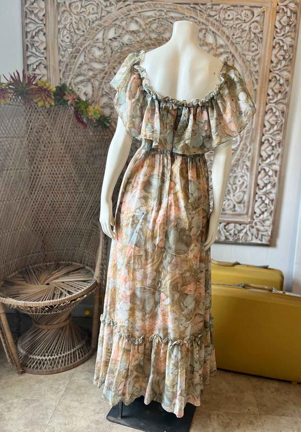 Vintage Dress 70s Candi Jones Floral Smocked Cottagecore Hippy Maxi M
