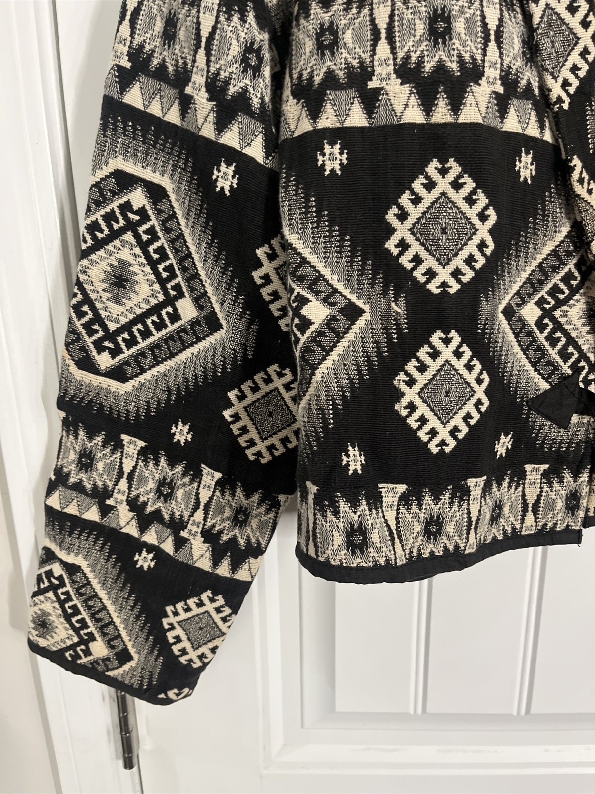 Flashback Vtg Aztec Blazer Jacket Western Cropped Cotton Tapestry M black ivory