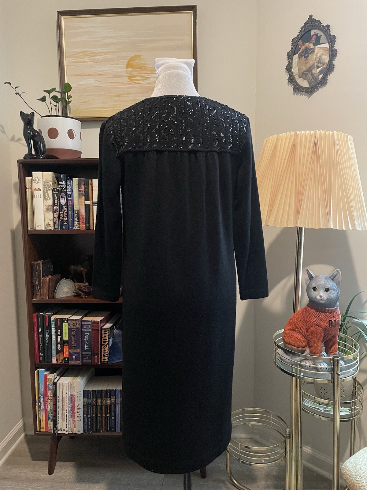 Vintage 60s Garfinckel’s Black Wool Knit Sequin Evening Dress Fits Size 8
