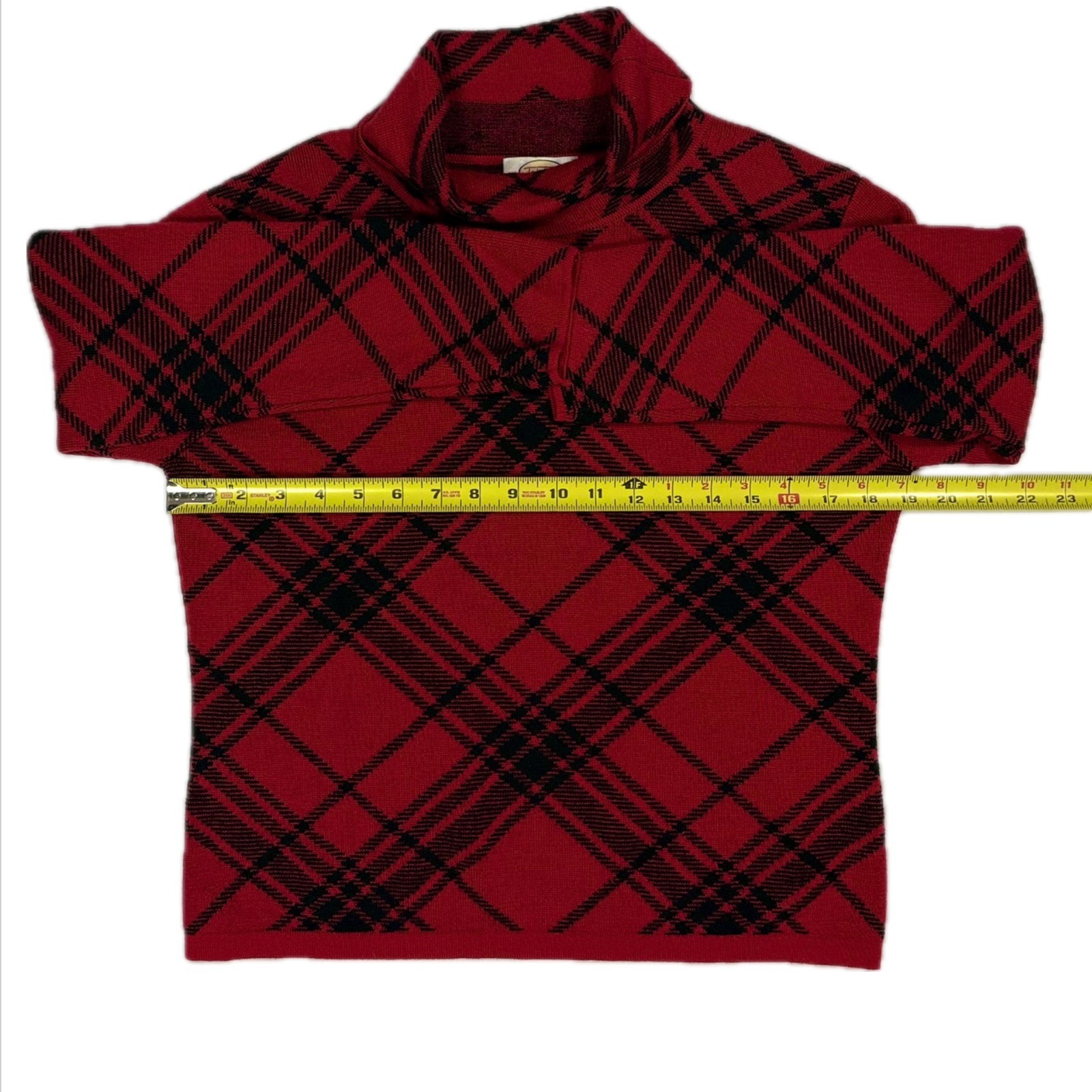 Vtg Talbots Italy merino wool black red plaid turtleneck sweater womens medium