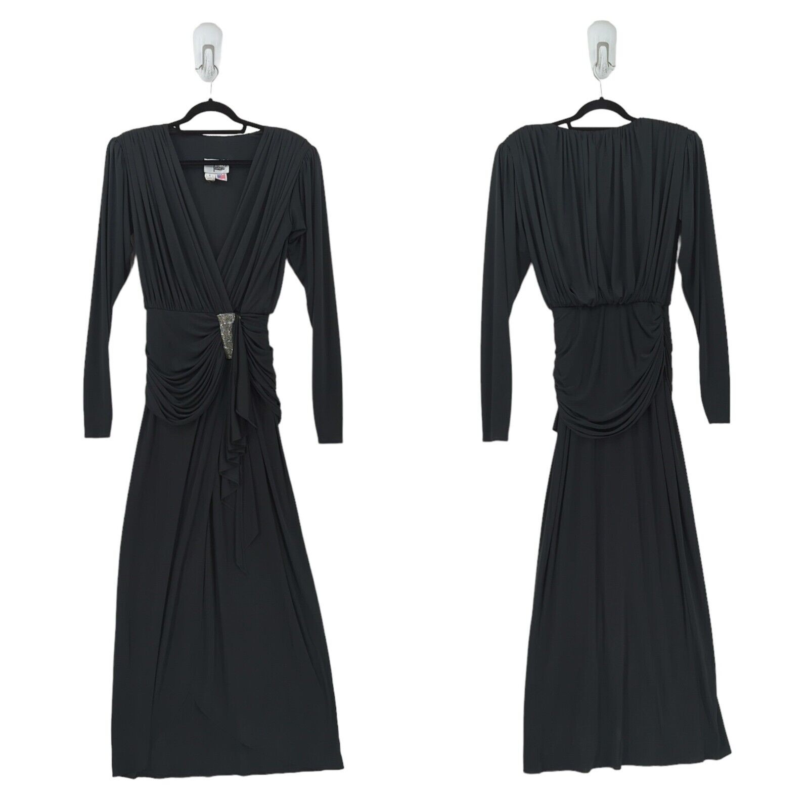 VTG 80s Tadashi Shoji Women 6 Dress Black Gown Beaded Faux Wrap Empire Waist