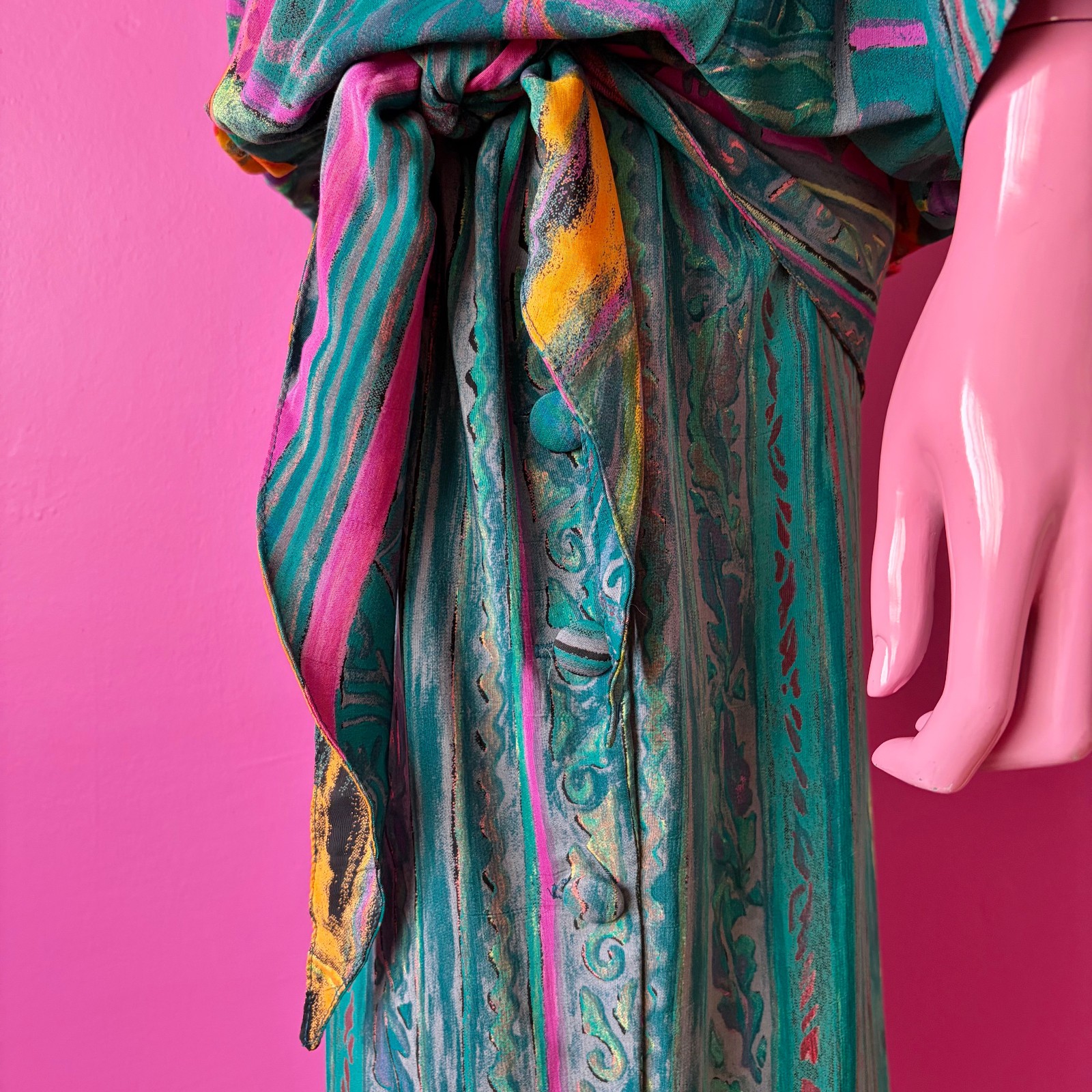 Vintage 80s 8 Midi Dress Dropwaist Teal Multi Abstract Floral Sash Long Sleeves