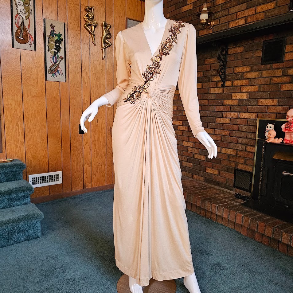 Vtg 70s Slinky Disco Champagne Gold Jill Richards Liquid Jersey Evening Gown S/M