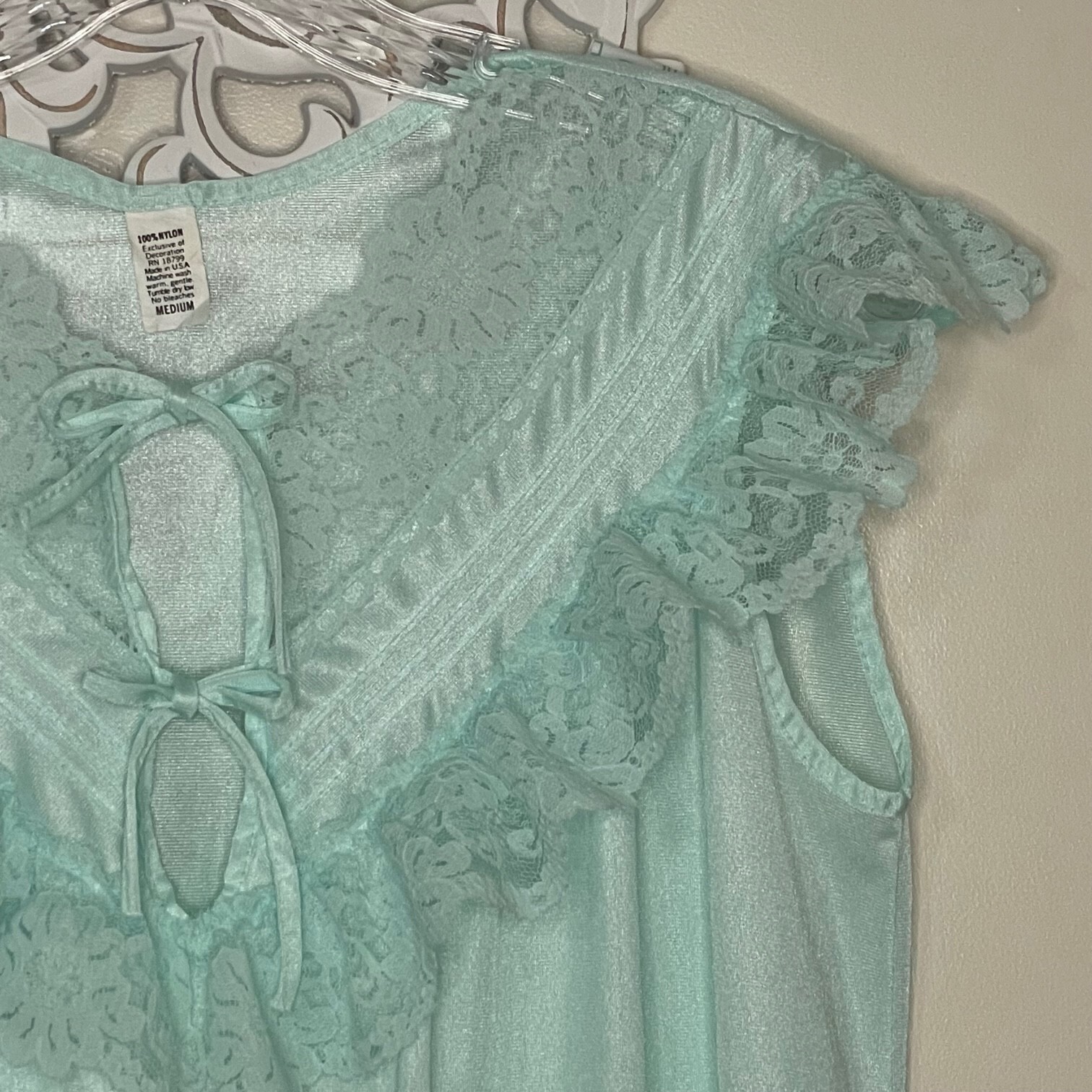 Vintage Nylon Nightgown size MEDIUM Nighty Sleep Wear Lace Front MINT Green USA